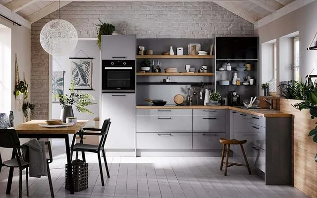 Häcker Küche, grau und Holzoptik